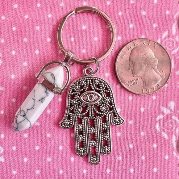 Evil Eye Hamsa Howlite Crystal Gemstone Keychain - Picture 2 of 3